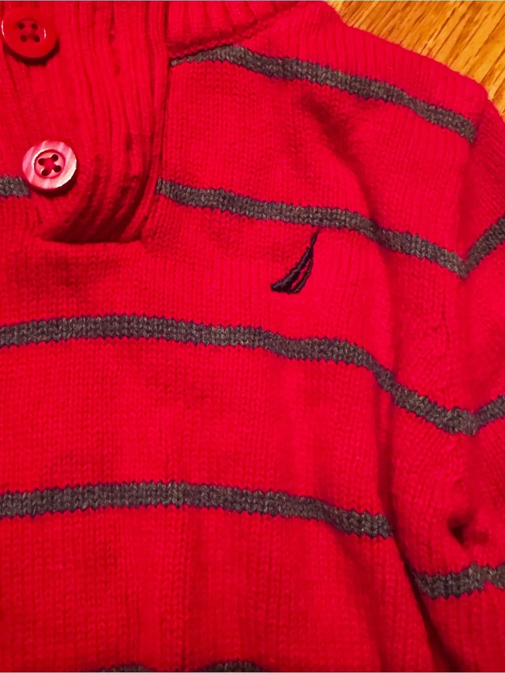 Nautica Red Turtleneck Sweater with Gray Stripes